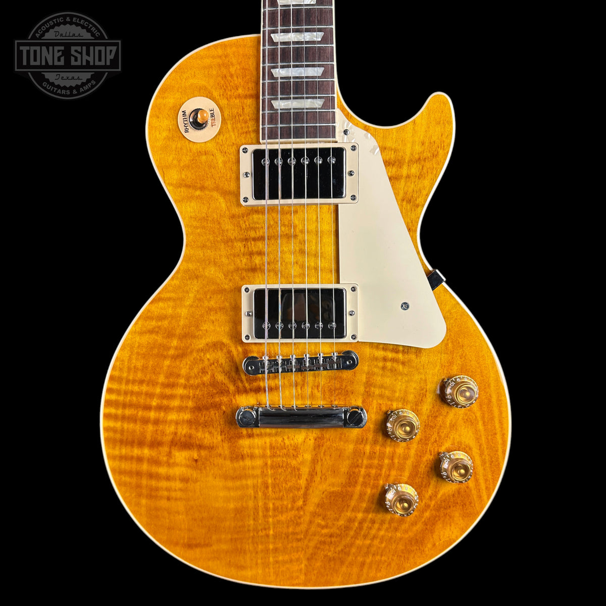 Front of Gibson Les Paul Standard 50s Figured Top Honey Amber.