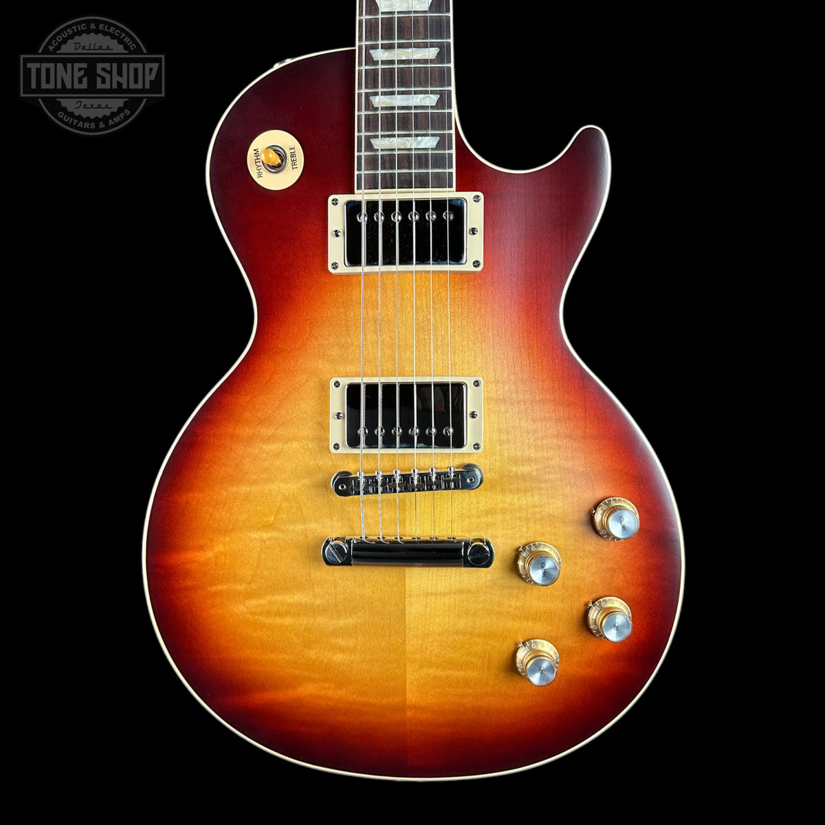 Front of Gibson Les Paul Standard 60s Faded Vintage Bourbon Burst.