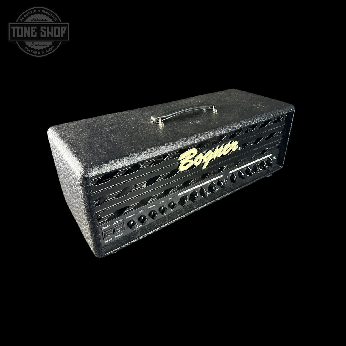 Black guitar amplifier head with 'Bogner' branding on a white background