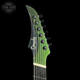 Close-up of the headstock of a green electric guitar against a black background, featuring a black faceplate with the 'Cymsley' brand name in white script and six black tuning pegs.