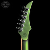 Close-up of the headstock of an electric guitar in a metallic olive green finish, featuring six silver tuning pegs and a black background.
