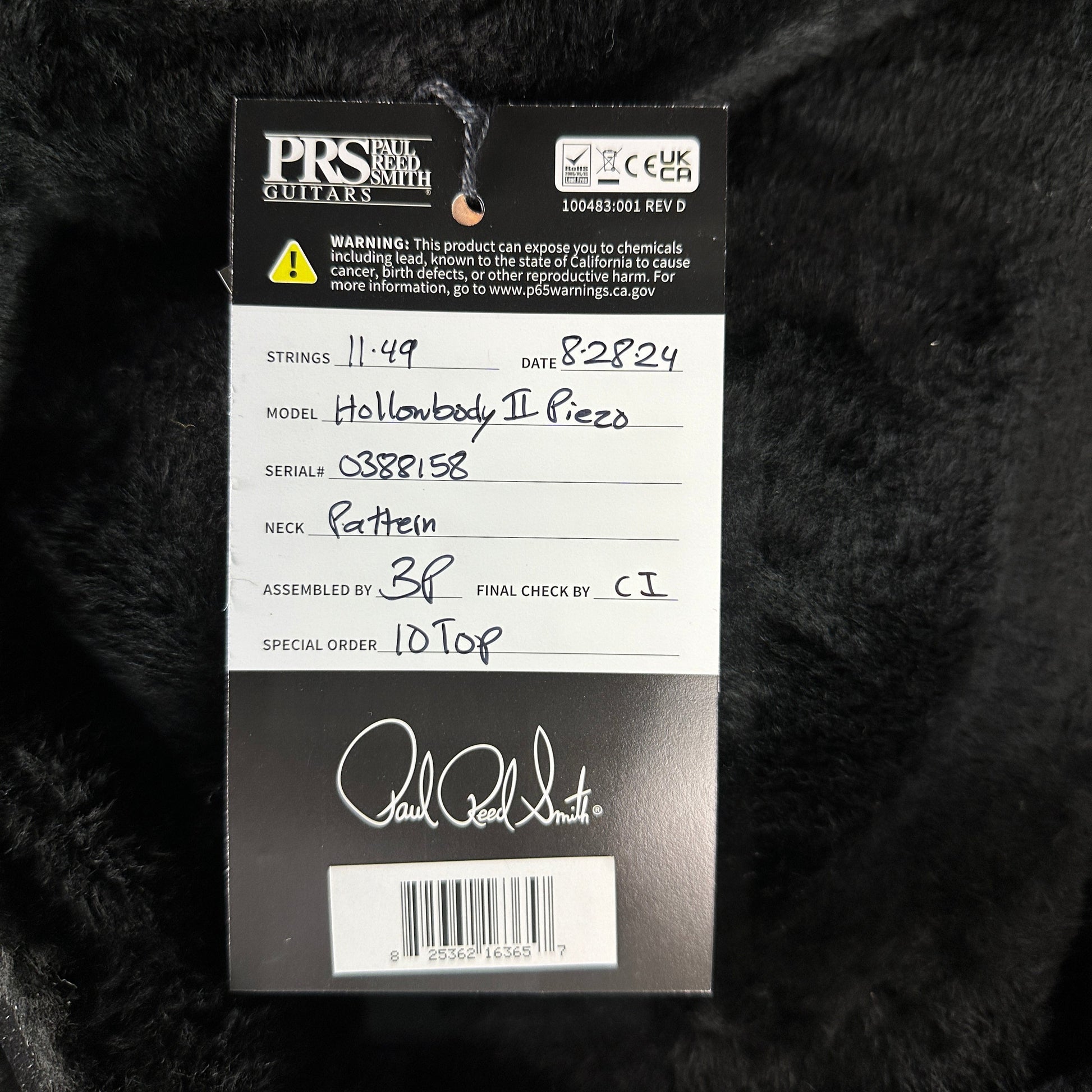 Hang tag for PRS Hollowbody II Piezo 10-top Red Tiger.