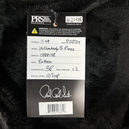 Hang tag for PRS Hollowbody II Piezo 10-top Red Tiger.