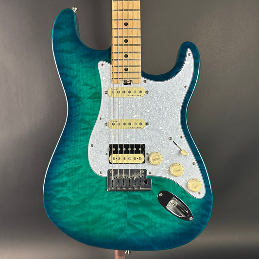 Front of Used 2018 Fender American Elite Strat HSS Shawbucker QMT Aqua Marine Metallic.