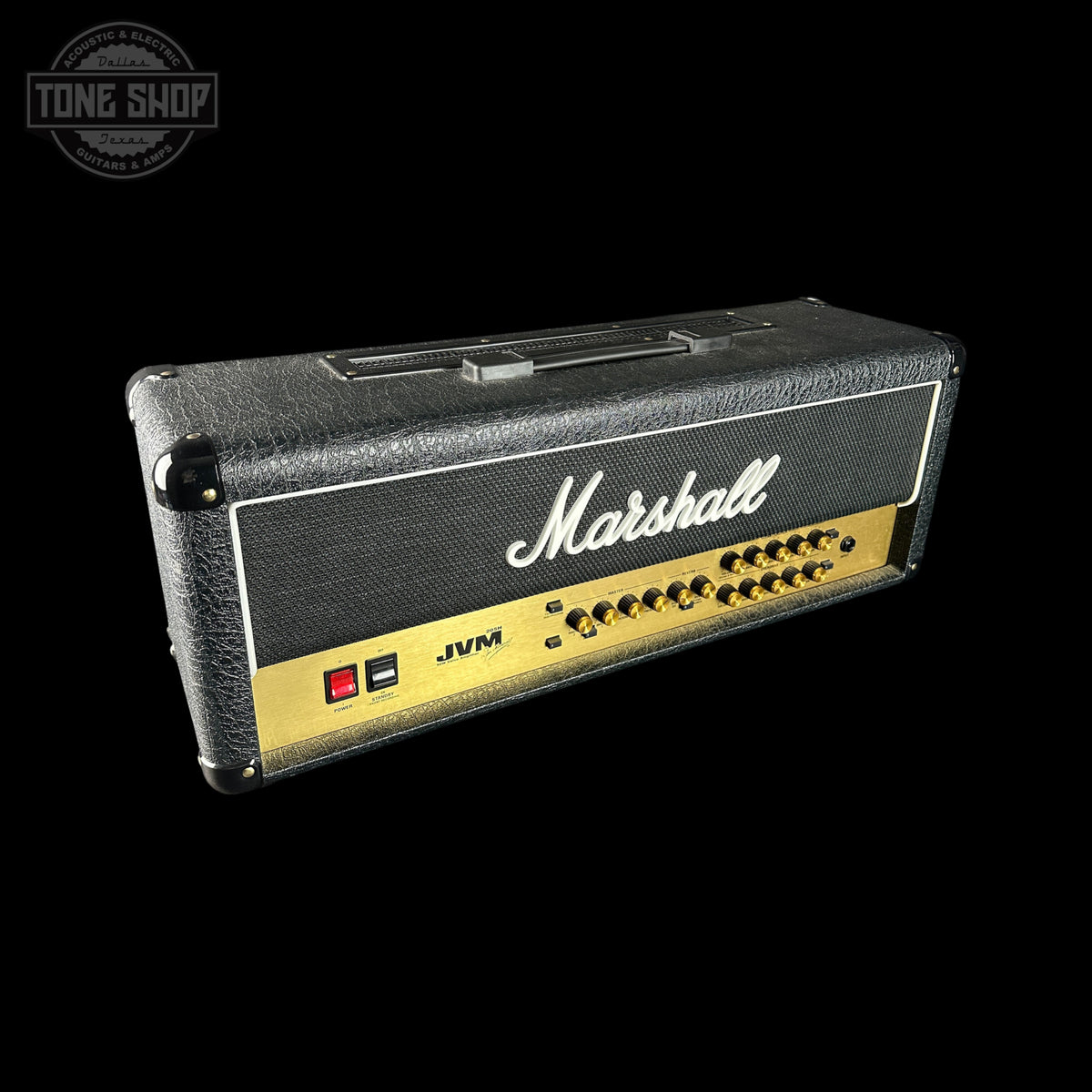 Marshall JVM guitar amplifier head on a black background with 'Tone Shop' logo.