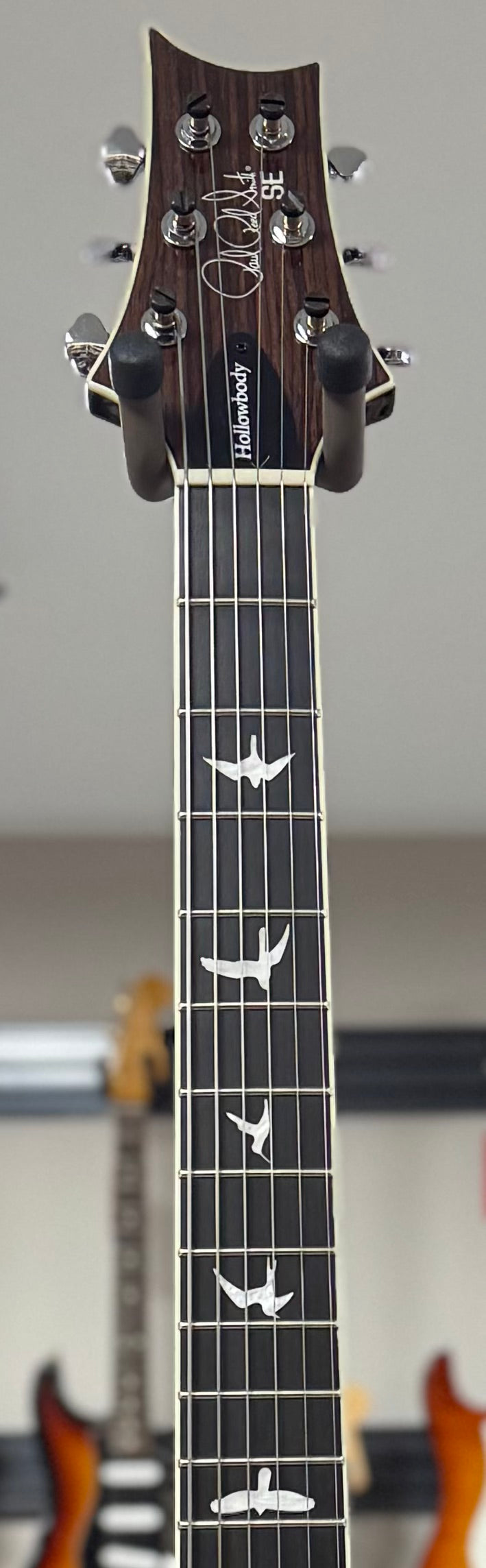 Front of neck of Used PRS SE Hollowbody Standard Fire Red Burst w/case TSS6463