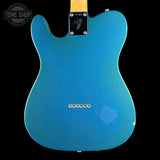 Blue electric guitar body with a visible brand logo on a black background