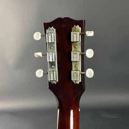 Guitar headstock with tuning pegs on a gray background