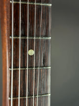 Close-up of a guitar fretboard showing dark wood grain, metal frets, strings, and a circular inlay.