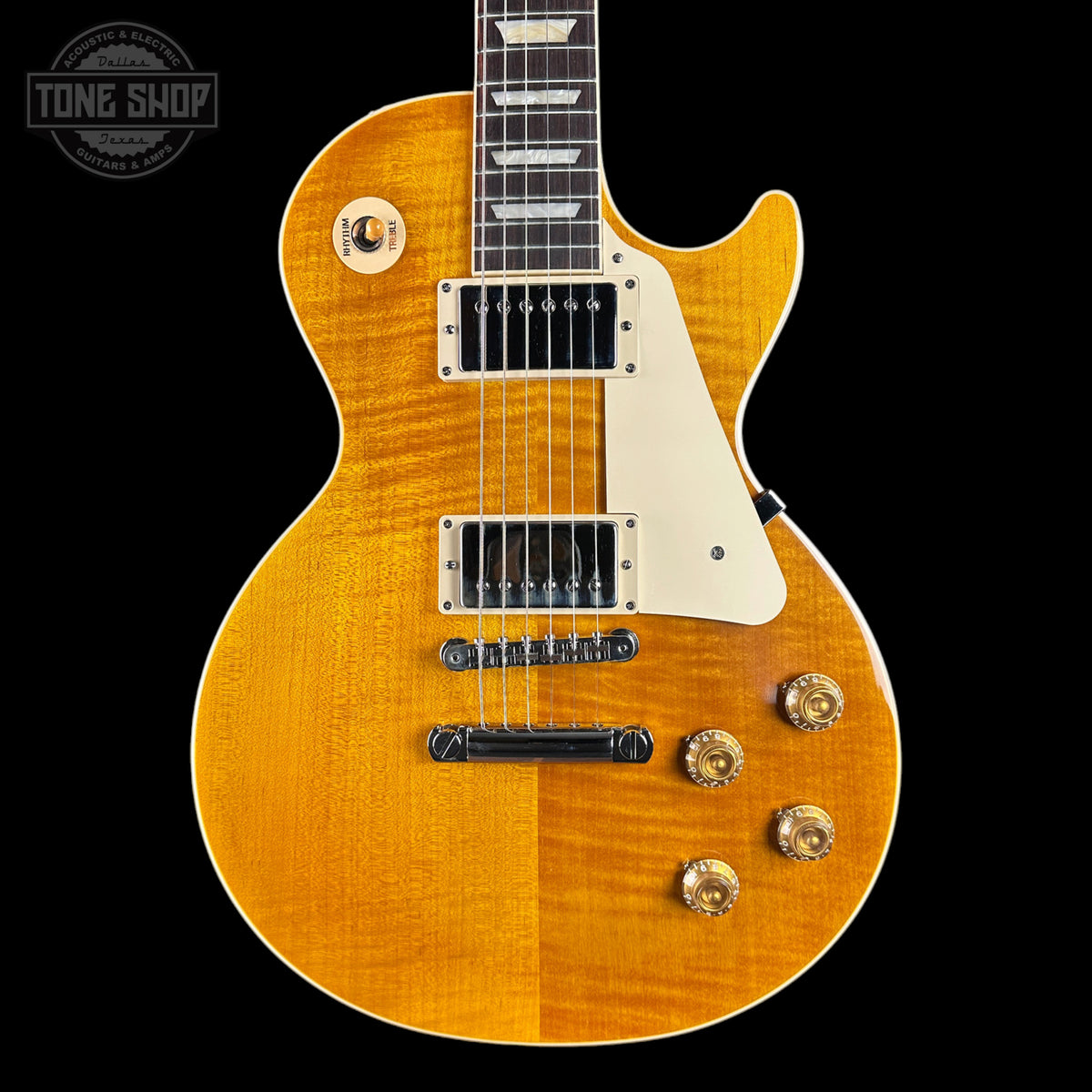 Front of Gibson Les Paul Standard 50s Figured Top Honey Amber.