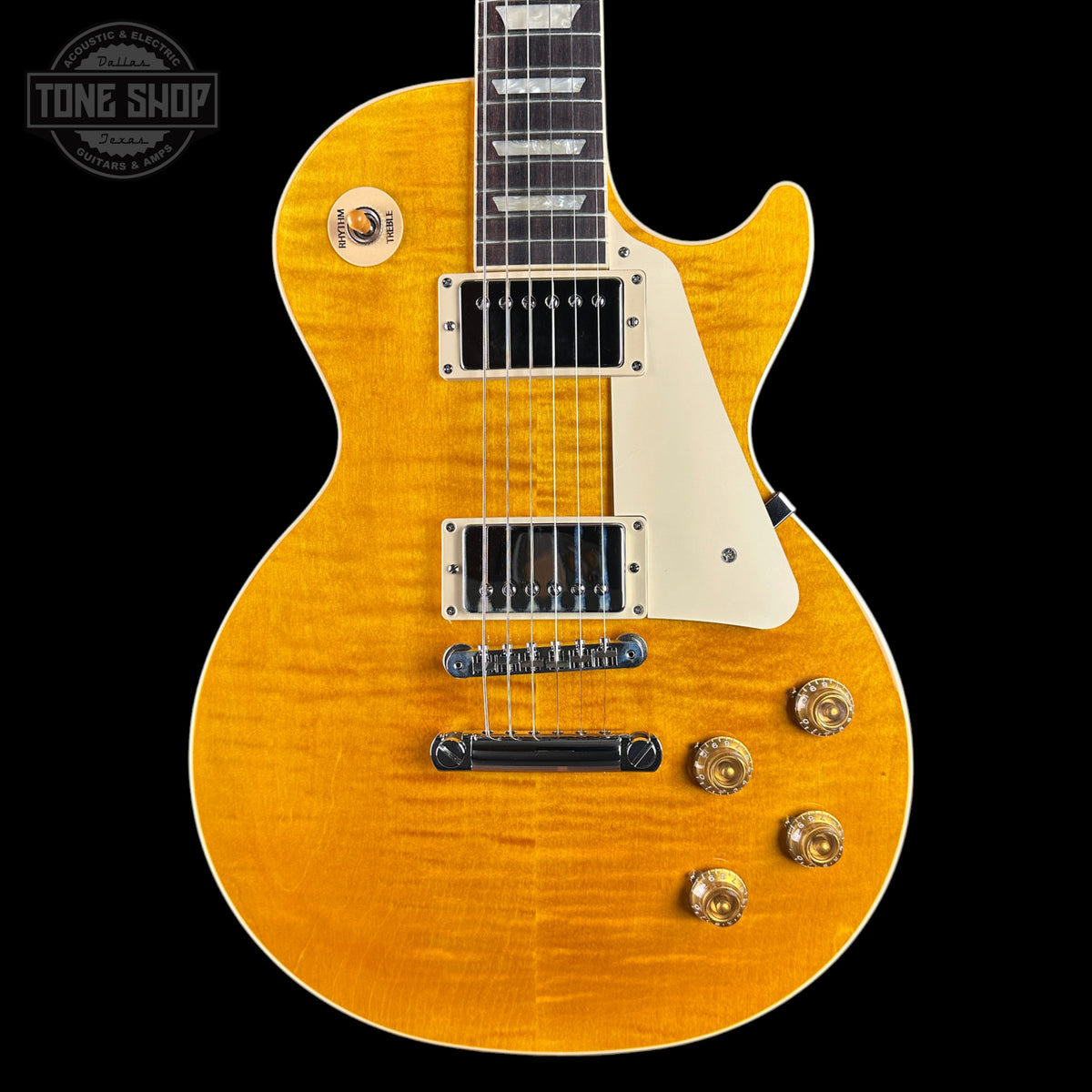 Front of Gibson Les Paul Standard 50s Figured Top Honey Amber.
