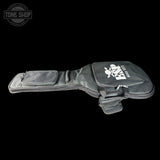 Guitar case with a logo on a black background