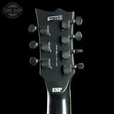 Guitar headstock with brand logo on a black background