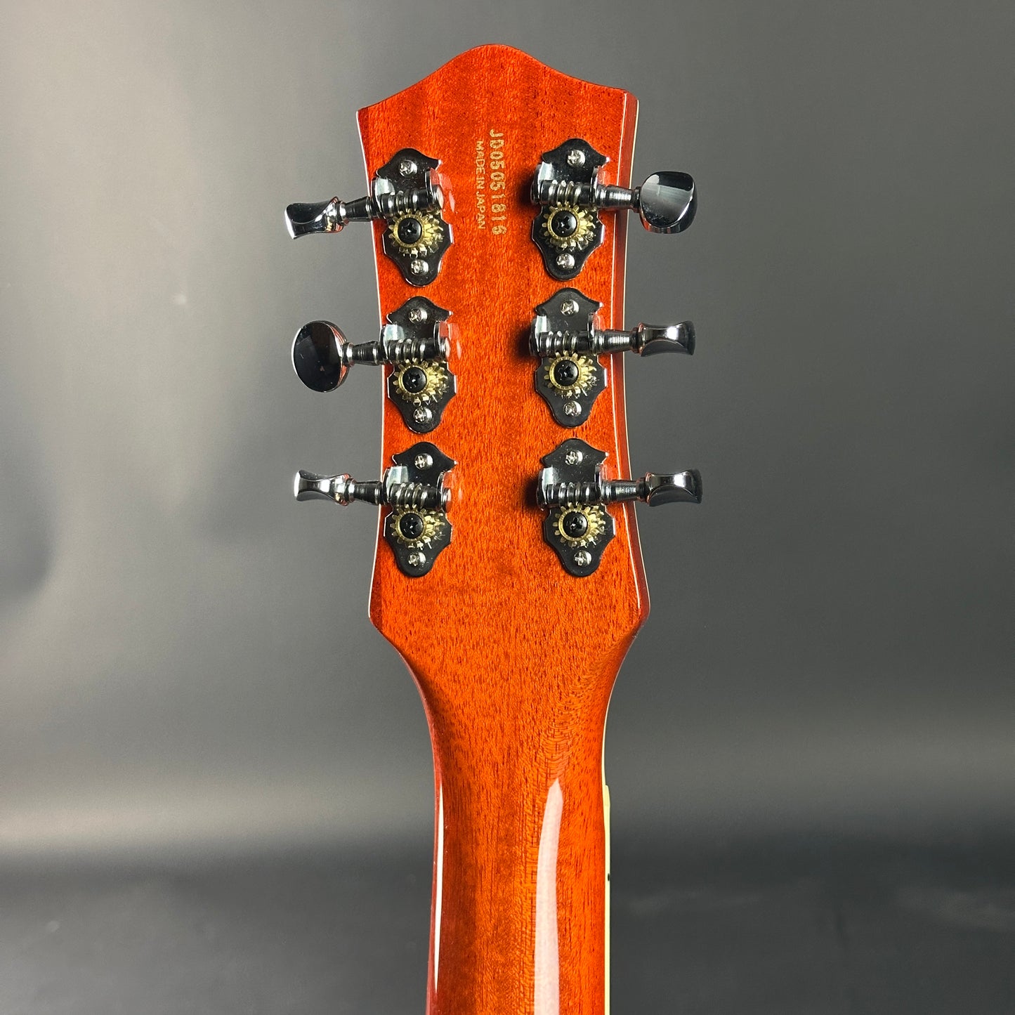 Close-up of a guitar headstock with tuning pegs on a gray background