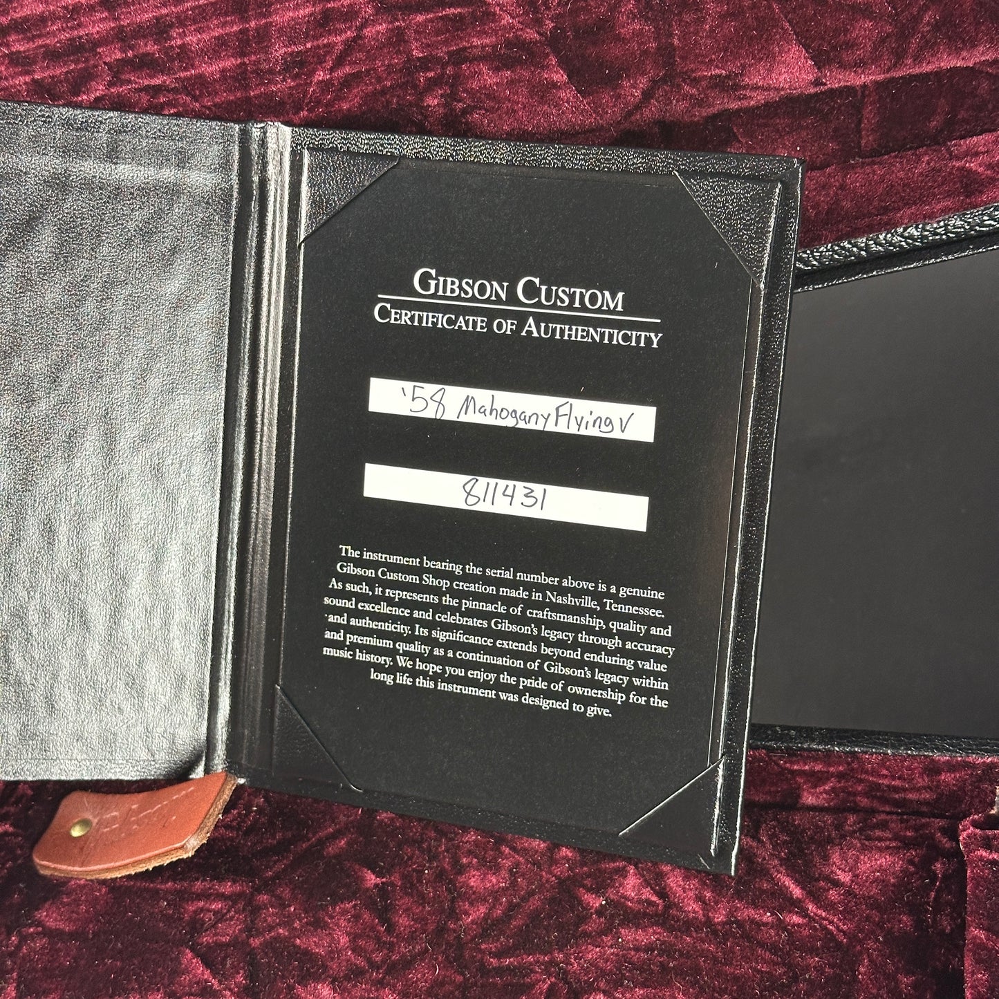 Certificate of authenticity for Used 2021 Gibson Custom Shop '58 Mahogany Flying V.