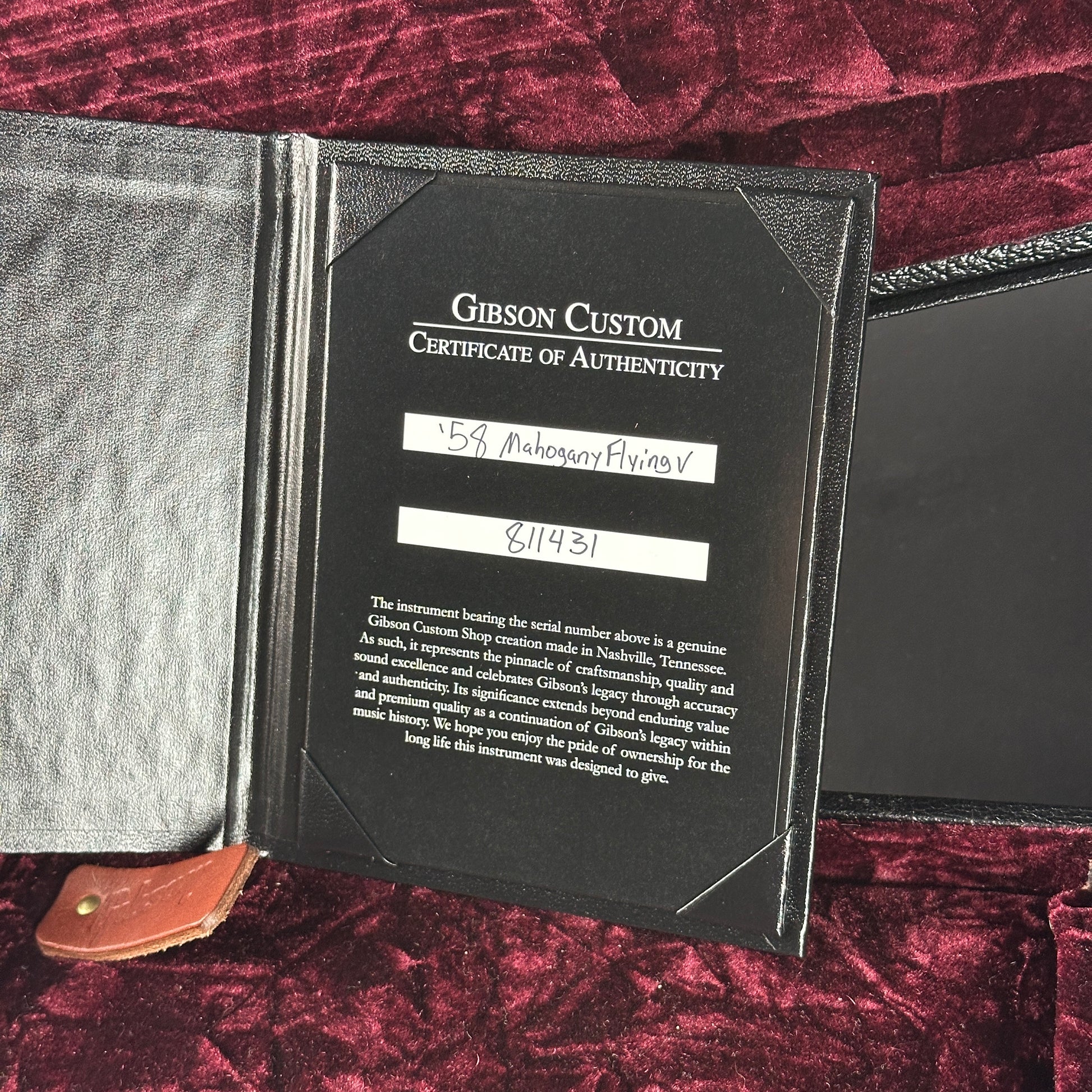 Certificate of authenticity for Used 2021 Gibson Custom Shop '58 Mahogany Flying V.