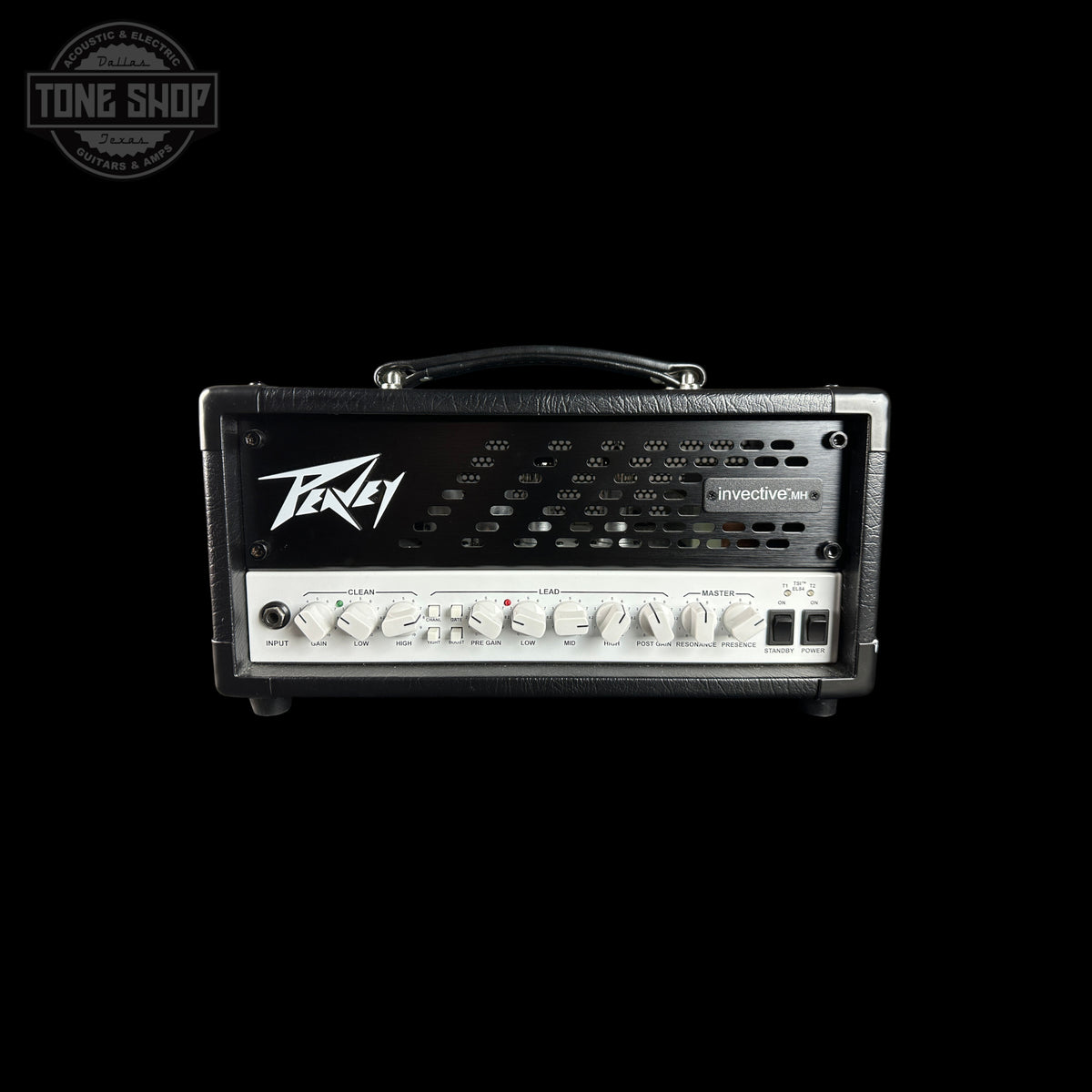 Peavey Invader 75 guitar head amplifier head against a solid black background, featuring a black and silver front panel with control knobs and the Peavey logo.