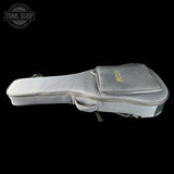Gray guitar case with a visible brand logo on a black background