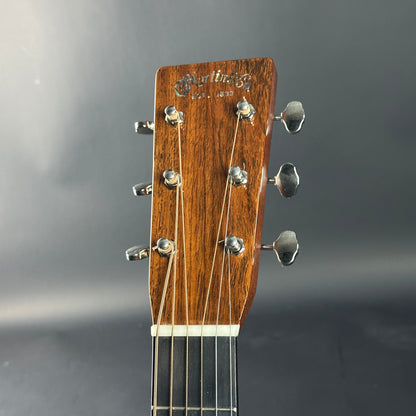 Guitar headstock with tuning pegs on a gray background