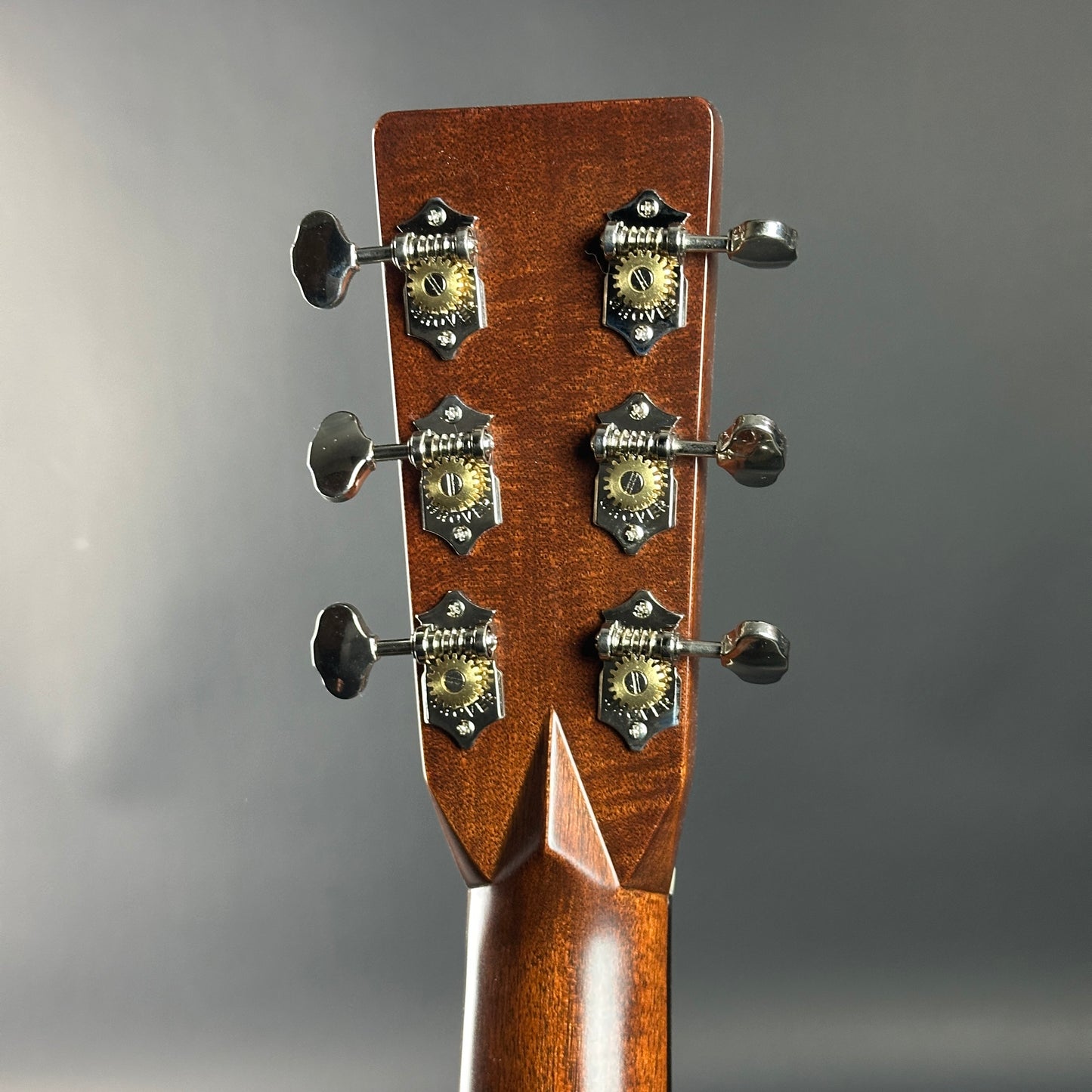 Close-up of a guitar headstock with tuning pegs on a gray background