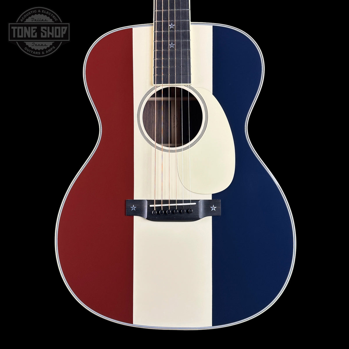 Front of Used Martin Custom Shop OM Red/White/Blue EIR/Sitka.