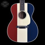 Front of Used Martin Custom Shop OM Red/White/Blue EIR/Sitka.