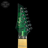 Close-up of the headstock of an Abigail electric guitar against a solid black background. The headstock features a glossy dark green flame maple finish with silver hardware and the 'Abigail' brand name in white script.