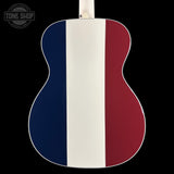Back of Used Martin Custom Shop OM Red/White/Blue EIR/Sitka.