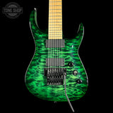 A green flame-grain electric guitar with a maple neck, shown against a solid black background. The Tone Shop logo is visible in the top-left corner.