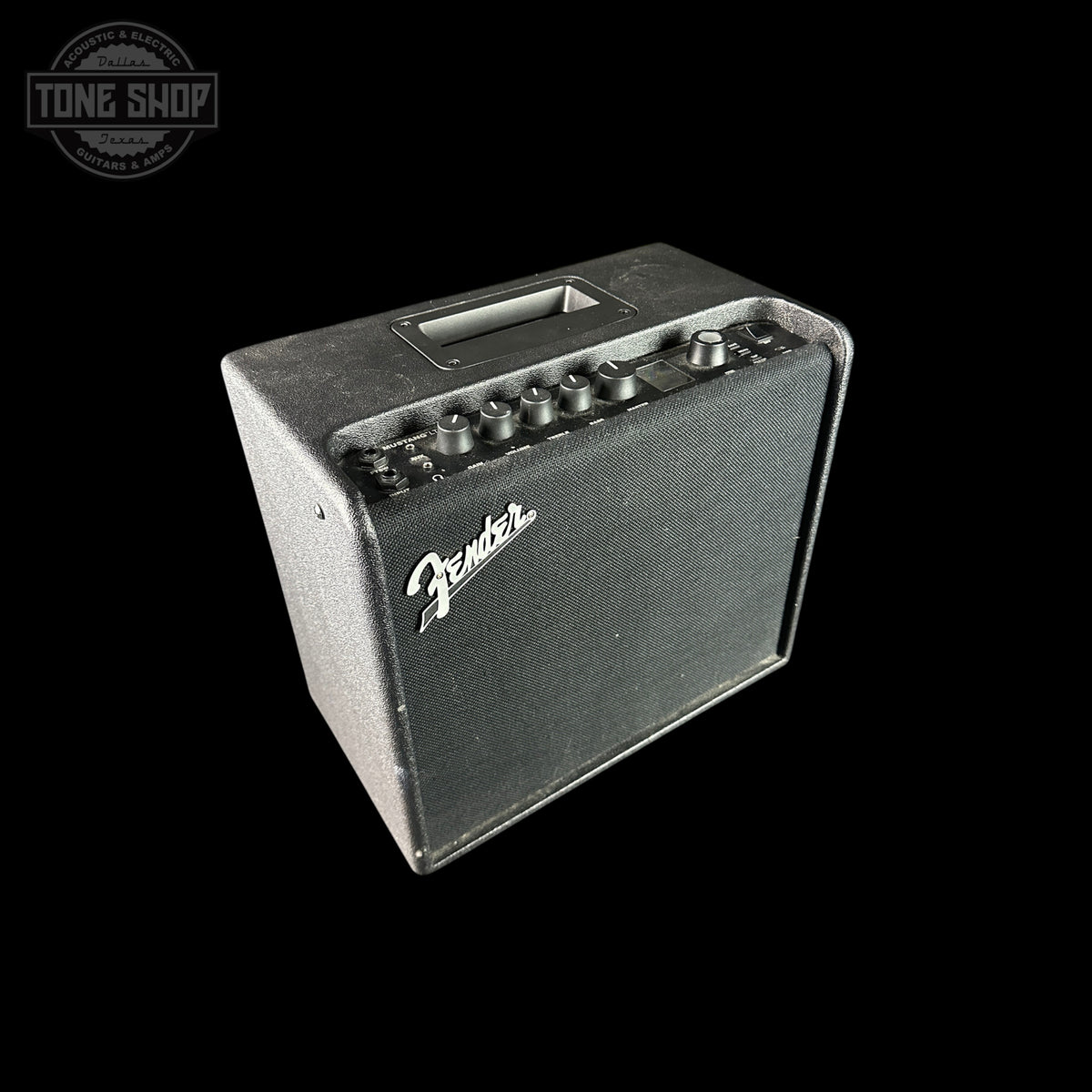 Fender guitar amplifier on a black background with 'Tone Shop' logo.