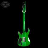 A bright green electric guitar shown from the back against a solid black background, featuring dual humbucker pickups, a glossy finish, and a Tune Shop watermark in the upper left corner.