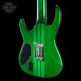 A green electric guitar shown from the back against a black background, featuring a glossy green finish with two vertical dark stripes, black pickguard plates, and a chrome bridge assembly. A Tone Shop watermark is visible in the top-left corner.