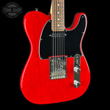 A classic Fender Telecaster electric guitar with a vibrant red cherry finish, black pickguard, and maple neck, shown against a solid black background with a Tone Shop watermark in the top left corner.