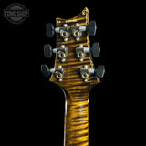 Close-up of the headstock of a guitar, showing six black tuning pegs with silver and gold accents on a dark brown flamed maple wood background, set against a solid black backdrop.