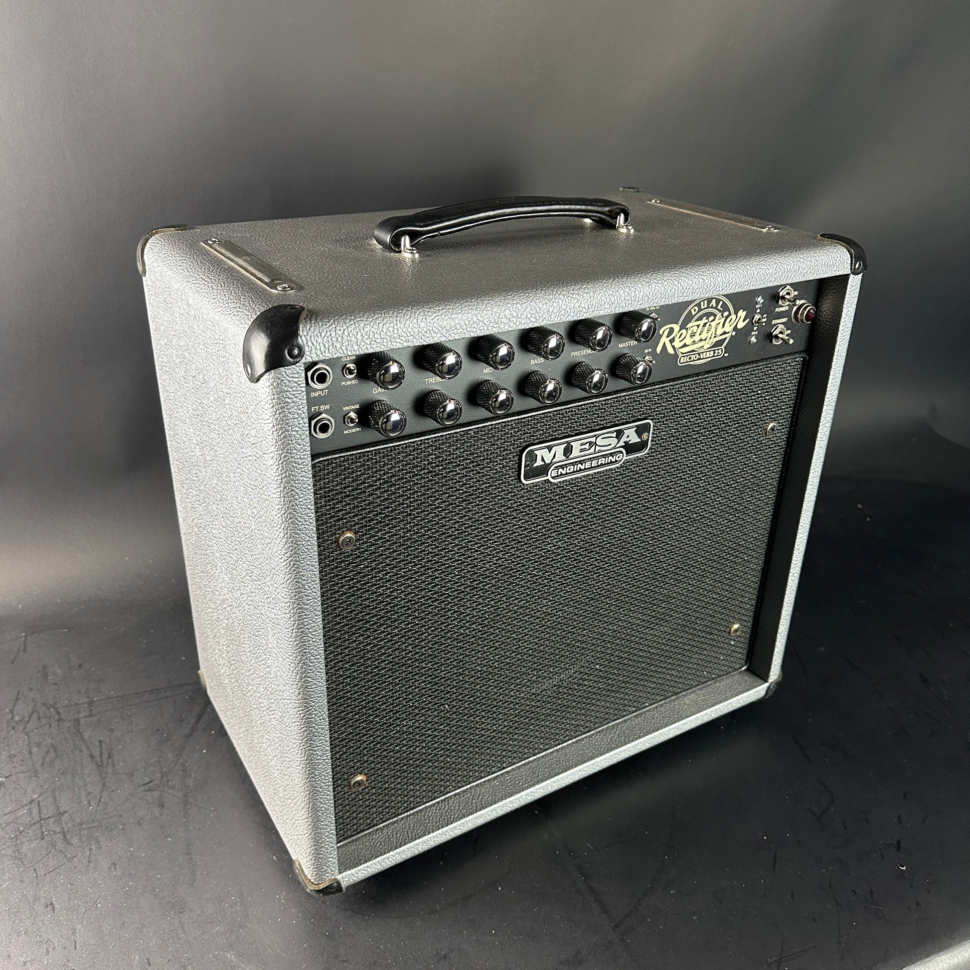 Guitar amplifier with 'Mesa Boogie' branding on a gray background