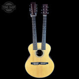 Double-neck guitar with acoustic and electric parts on a black background, featuring 'Tone Shop' branding.