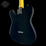 Rear view of a Fender Telecaster electric guitar body in glossy black, with a yellow neck visible at the top and a chrome hardware plate on a black background.