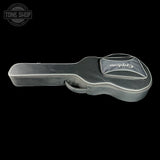 A vintage black guitar hard case with silver trim, featuring a clear plastic headstock insert with the 'EpiPhonic' logo, shown against a solid black background.