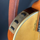 Close-up of a banjo with wooden body and metal tuning pegs on a dark background