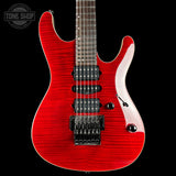 A red electric guitar with a flamed maple top, black hardware, and a white pickguard, shown against a black background with a Tone Shop watermark in the top left corner.