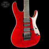 A red electric guitar with a glossy flamed maple body, white pickguard, and black hardware, shown against a solid black background with a Tone Shop watermark in the top left corner.