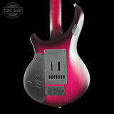 The back of an electric guitar with a vibrant magenta-to-clear gradient finish, featuring a large black pickup cover, a smaller black control cover, and a black tailpiece on a solid black background.