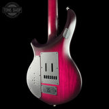 Rust-eze electric guitar body shown from the back, featuring a vibrant magenta-pink to dark purple gradient finish with silver hardware and pickguard, set against a solid black background.