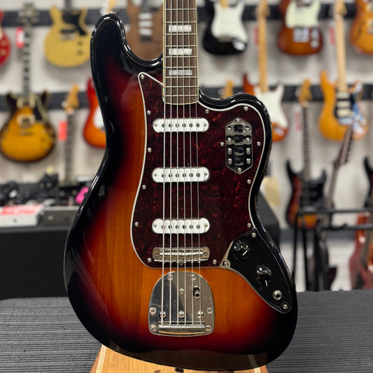 Front of body of Used Squier Classic Vibe Bass VI 3TSB w/bag TSS6558