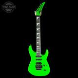 A bright neon green electric guitar with a black neck and white triangle inlays, shown against a solid black background. A Tone Shop watermark is visible in the top-left corner.