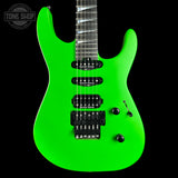 A bright neon green electric guitar with black hardware, shown from the side against a solid black background. A Tone Shop watermark is visible in the top-left corner.