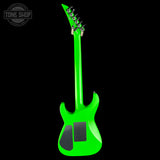 A bright neon green electric guitar shown from the back against a solid black background, with a Tone Shop watermark in the top-left corner.
