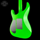 A bright neon green electric guitar body shown from the back against a solid black background, featuring two brushed silver metal pickup covers. A Tone Shop watermark is visible in the top-left corner.