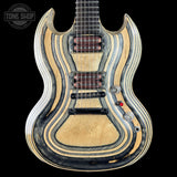 A double-cutaway electric guitar with a distinctive wavy striped natural wood finish, featuring a light maple top, dark wood grain lines, and dual humbucker pickups, shown against a solid black background.