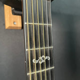 Close-up of a guitar neck with fretboard and strings on a dark background